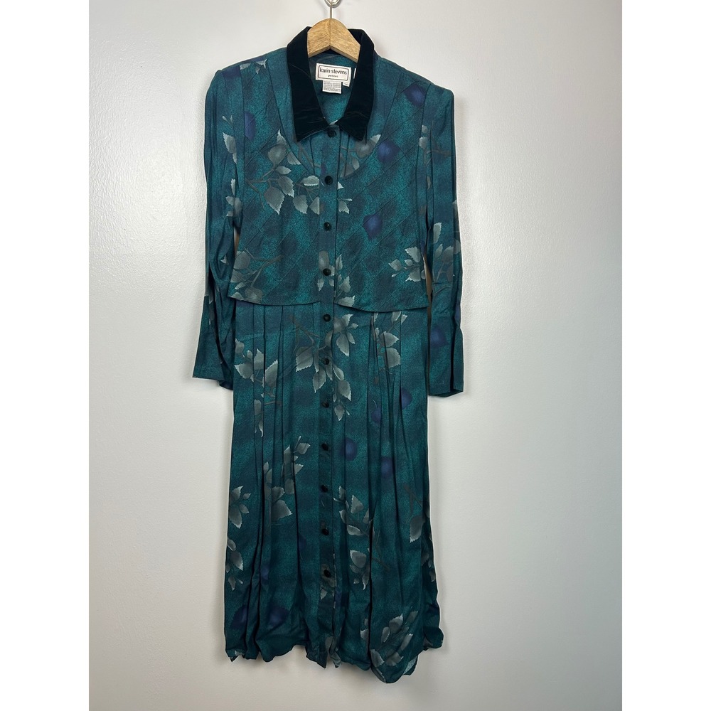 Vintage Karin Stevens Petite Green Floral Velvet Collar Pleated Midi Dress Sz 12